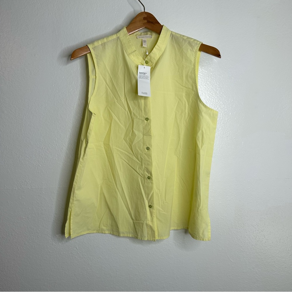 NWT Eileen Fisher Mandrian Collar Pale Yellow Tank Button Down Blouse Small